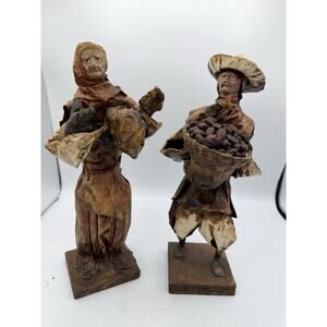 Mexican Folk Art Corn Husk Figurines Man & Woman Market Scene 12” Pair